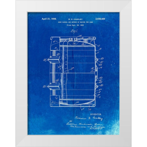 PP727-Faded Blueprint Beer Barrel Patent Poster White Modern Wood Framed Art Print by Borders, Cole