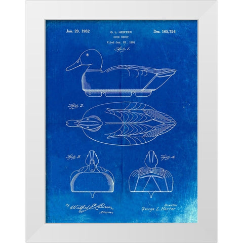 PP1001-Faded Blueprint Propelled Duck Decoy Patent Poster White Modern Wood Framed Art Print by Borders, Cole