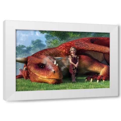 A Little Girl And Her Dragon White Modern Wood Framed Art Print by Eskridge, Daniel