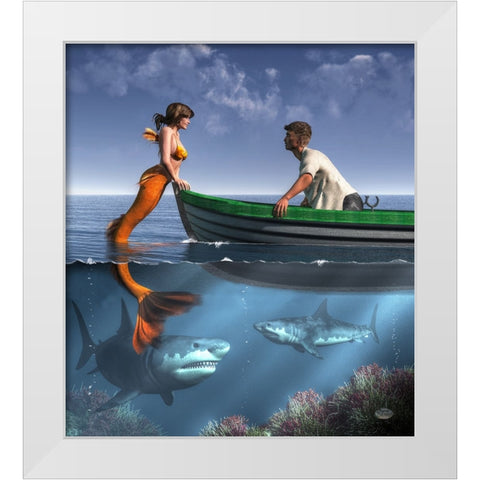 A Mermaid And Her Pets White Modern Wood Framed Art Print by Eskridge, Daniel