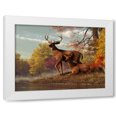 Deer On An Autumn Lakeshore White Modern Wood Framed Art Print by Eskridge, Daniel