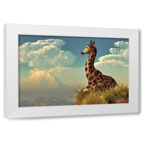Giraffe And Distant Mountain White Modern Wood Framed Art Print by Eskridge, Daniel