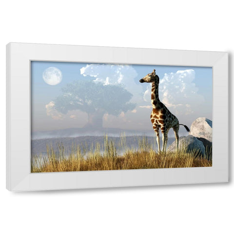 Giraffe And Giant Tree White Modern Wood Framed Art Print by Eskridge, Daniel