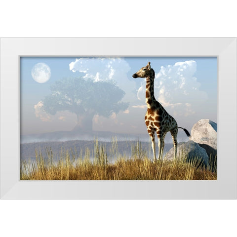 Giraffe And Giant Tree White Modern Wood Framed Art Print by Eskridge, Daniel
