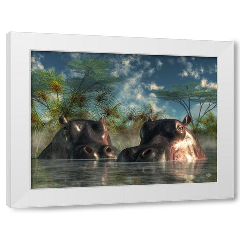 Hippos Coming To Get You White Modern Wood Framed Art Print by Eskridge, Daniel