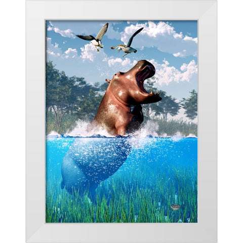 Lunging Hippo White Modern Wood Framed Art Print by Eskridge, Daniel
