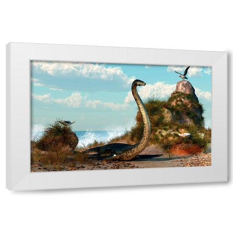 Sea Monster On The Beach White Modern Wood Framed Art Print by Eskridge, Daniel