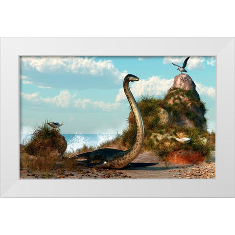 Sea Monster On The Beach White Modern Wood Framed Art Print by Eskridge, Daniel