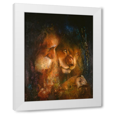 The Lion And The Mouse White Modern Wood Framed Art Print by Lund, Denton
