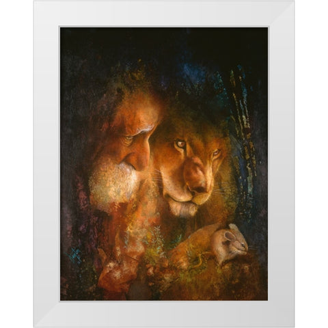 The Lion And The Mouse White Modern Wood Framed Art Print by Lund, Denton