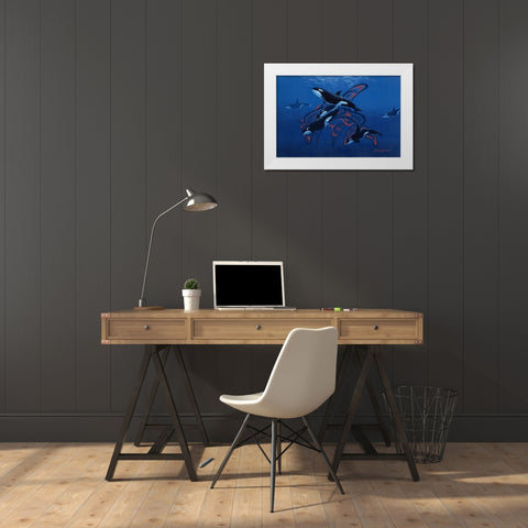 Blue Orcas White Modern Wood Framed Art Print by Stevenson, Graeme