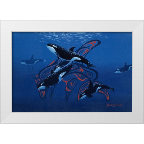 Blue Orcas White Modern Wood Framed Art Print by Stevenson, Graeme