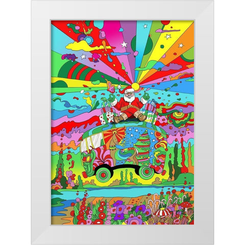 Santa Hippie Bus White Modern Wood Framed Art Print by Green, Howie