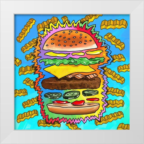 Hamburger With Fries Pop Art White Modern Wood Framed Art Print by Green, Howie