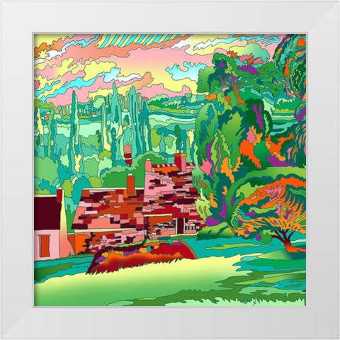 3 Cottages Landscape White Modern Wood Framed Art Print by Green, Howie