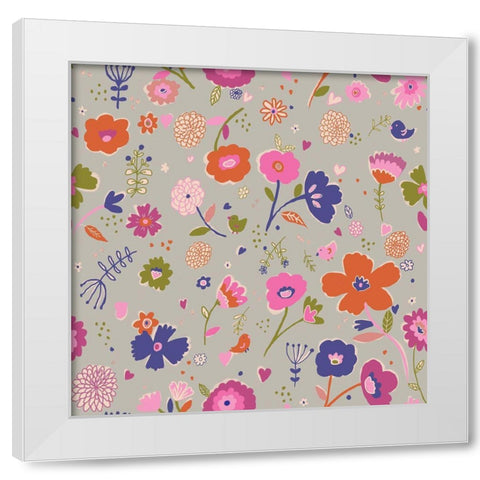 Pink And Blue Flowers White Modern Wood Framed Art Print by HUE and MI and Sangita