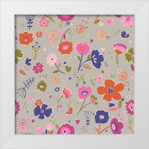 Pink And Blue Flowers White Modern Wood Framed Art Print by HUE and MI and Sangita