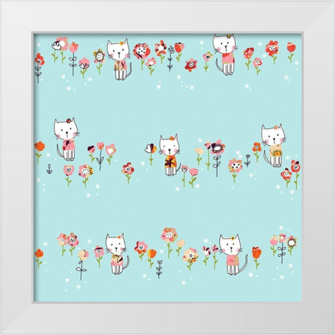 White Cat In Flowers White Modern Wood Framed Art Print by HUE and MI and Sangita