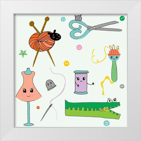 Sew Cute White Modern Wood Framed Art Print by HUE and MI and Sangita