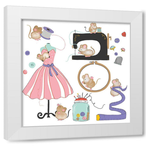 Sew Happy White Modern Wood Framed Art Print by HUE and MI and Sangita