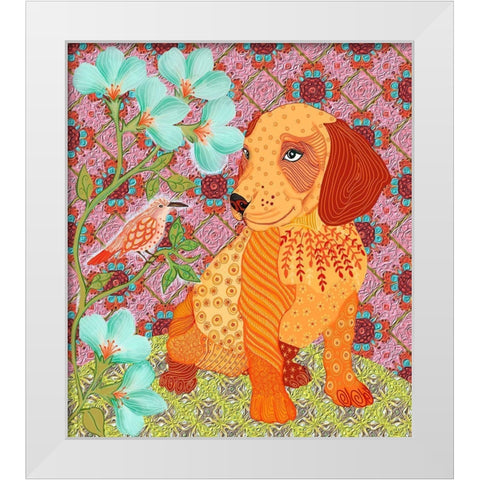 puppy yellow White Modern Wood Framed Art Print by HUE and MI and Sangita