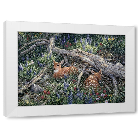 Fawns And Flowers White Modern Wood Framed Art Print by Tift, Jeff