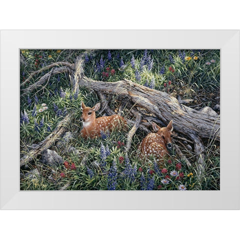 Fawns And Flowers White Modern Wood Framed Art Print by Tift, Jeff