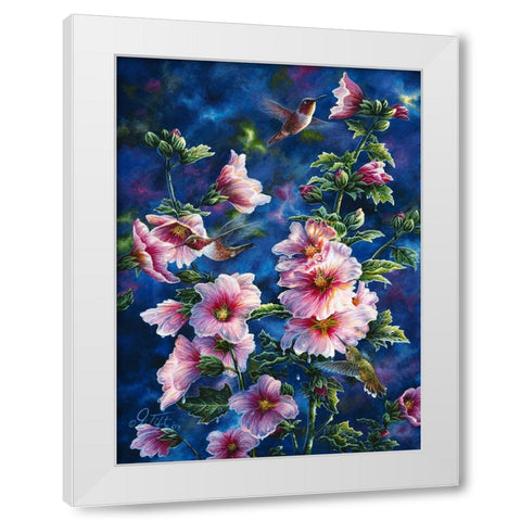 Hollyhocks And Hummingbirds White Modern Wood Framed Art Print by Tift, Jeff