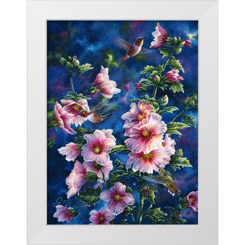 Hollyhocks And Hummingbirds White Modern Wood Framed Art Print by Tift, Jeff