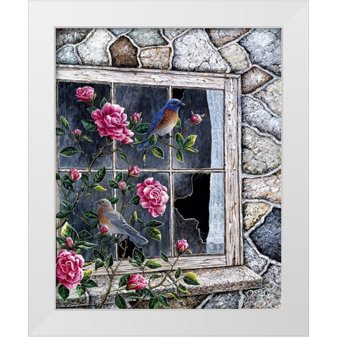 Bluebirds In Window White Modern Wood Framed Art Print by Tift, Jeff