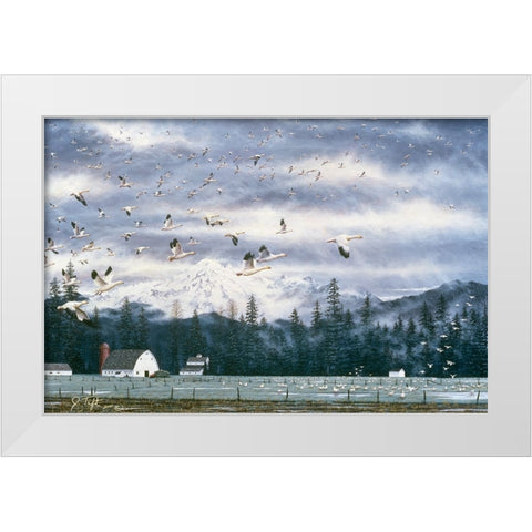 Geese Flying Over Farmland White Modern Wood Framed Art Print by Tift, Jeff