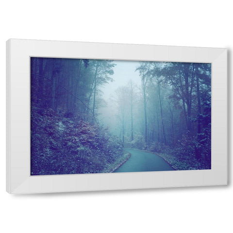 Blue Woods Misty Way White Modern Wood Framed Art Print by Jenny Rainbow Fine Art