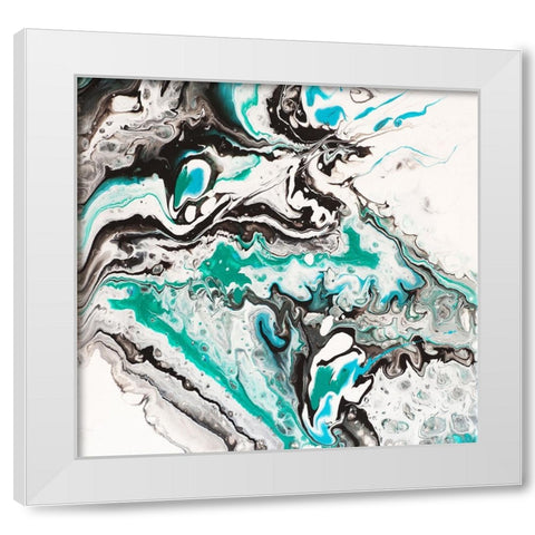 Fluid Acrylic On Emerald Waves 1 White Modern Wood Framed Art Print by Jenny Rainbow Fine Art