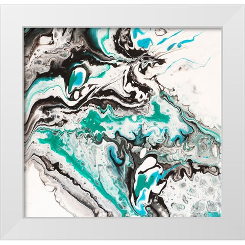 Fluid Acrylic On Emerald Waves 1 White Modern Wood Framed Art Print by Jenny Rainbow Fine Art