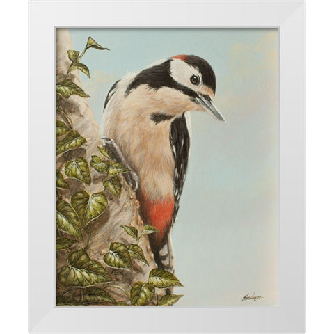 WoodPecker and Ivy White Modern Wood Framed Art Print by Silver, John