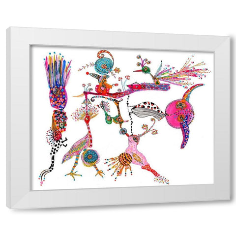 Funky Wondering Birds White Modern Wood Framed Art Print by Kwerki Studios