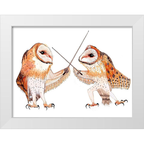 Dueling Owls White Modern Wood Framed Art Print by Kwerki Studios