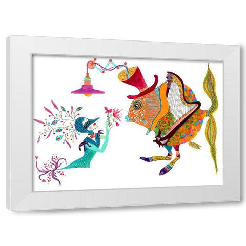 Harp Fishman White Modern Wood Framed Art Print by Kwerki Studios