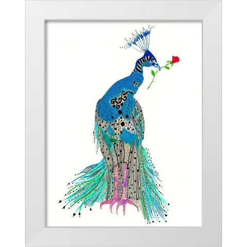 Pippy Peacock White Modern Wood Framed Art Print by Kwerki Studios