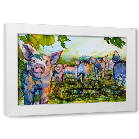 Pig Tales White Modern Wood Framed Art Print by Art by Leslie Franklin
