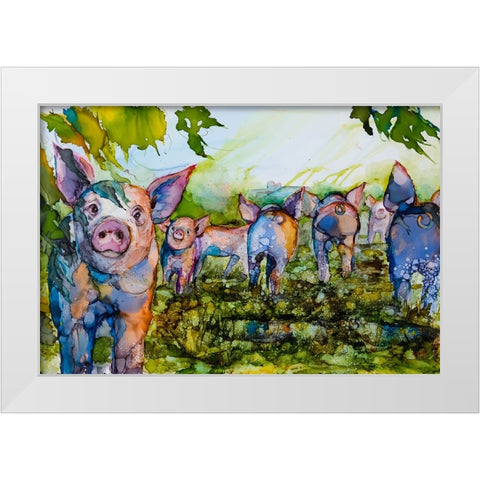 Pig Tales White Modern Wood Framed Art Print by Art by Leslie Franklin