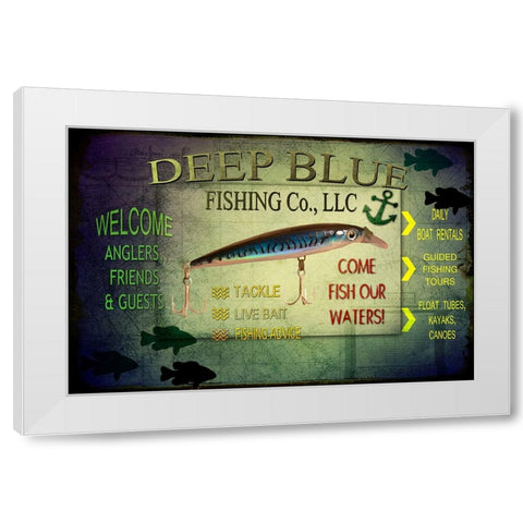 Fishing - Deep Blue LLC sign White Modern Wood Framed Art Print by LightBoxJournal