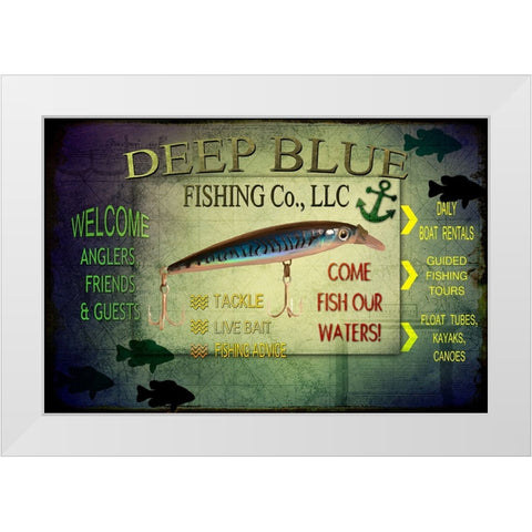 Fishing - Deep Blue LLC sign White Modern Wood Framed Art Print by LightBoxJournal