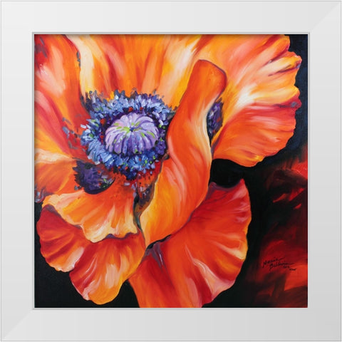 Heart Of A Red Poppy White Modern Wood Framed Art Print by Baldwin, Marcia