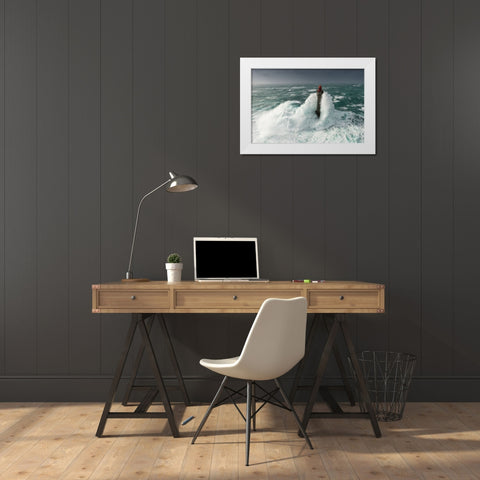 Le Phare De La Jument Dans La Tempete Ruzica White Modern Wood Framed Art Print by Rivrin, Mathieu