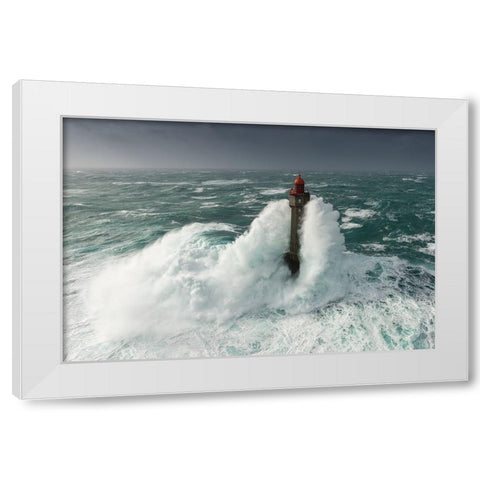 Le Phare De La Jument Dans La Tempete Ruzica White Modern Wood Framed Art Print by Rivrin, Mathieu