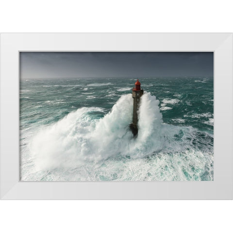 Le Phare De La Jument Dans La Tempete Ruzica White Modern Wood Framed Art Print by Rivrin, Mathieu