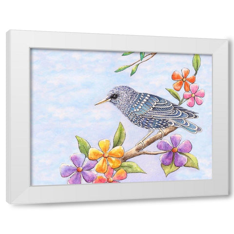 Starling Bird with Flowers White Modern Wood Framed Art Print by Wickstrom, Martin