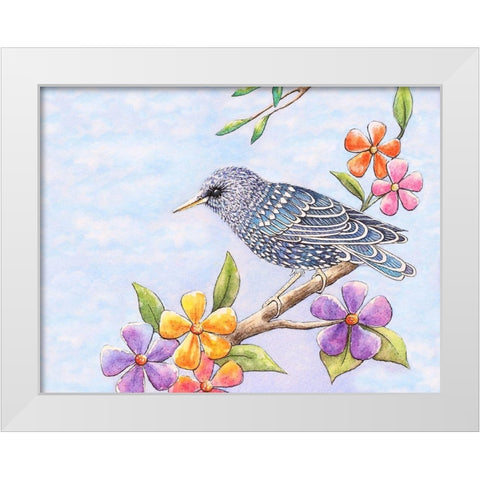 Starling Bird with Flowers White Modern Wood Framed Art Print by Wickstrom, Martin