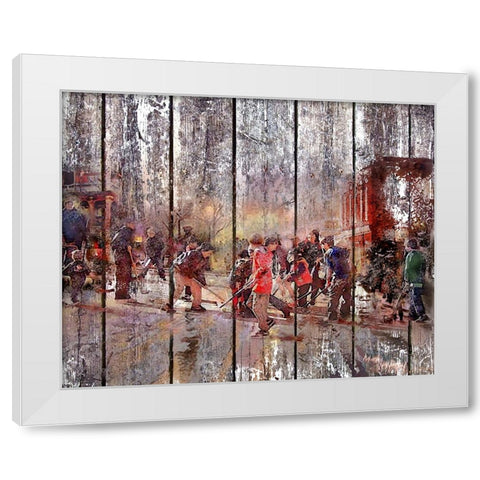 Street Hockey On Boards White Modern Wood Framed Art Print by Murray Henderson Fine Art